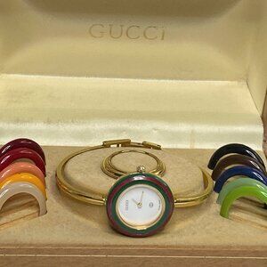 Vintage Gucci 1100-L Gold Bangle Change Bezel Watch 12 Colors Swiss Quartz SS172